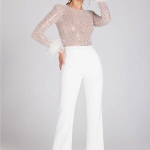 NADINE MERABI Sequin and Feather Jumpsuit in White and Nude
